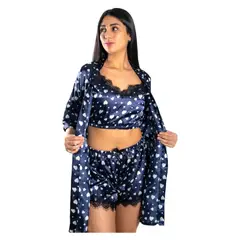 MEDIA LUNA - Pijama Crop Top con Short Y Bata Satinada Diseño Corazones