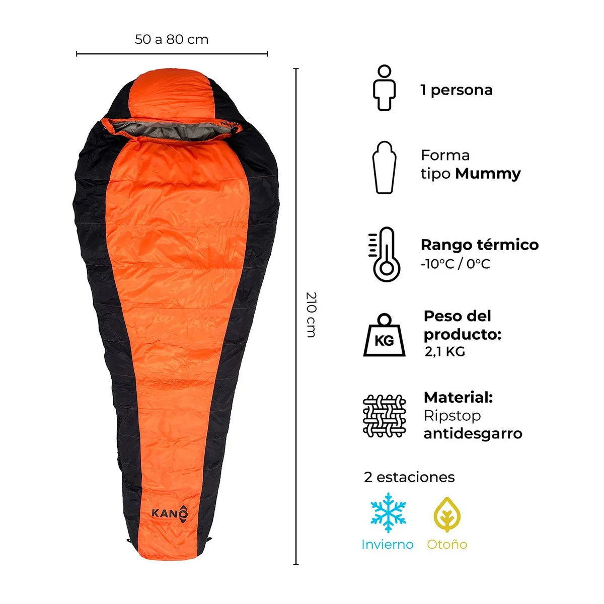 KANO - Saco de Dormir Kano Aconcagua -10/0ºC 2100g Ripstop Naranjo