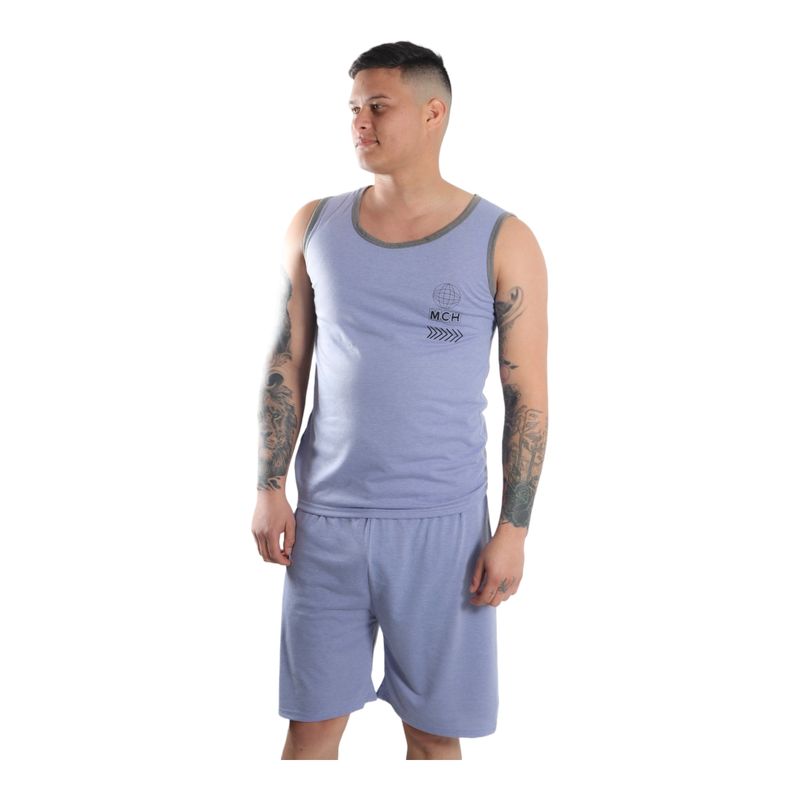MEDIA LUNA - Pijama Hombre Polera Sin Mangas y Short Diseño Color Liso