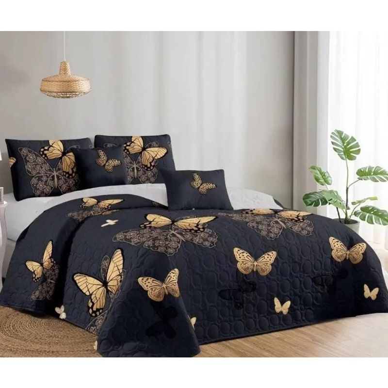 GENERICO - Cobertor Tipo Quilt de Verano / Cubrecamas King Negro Mariposas