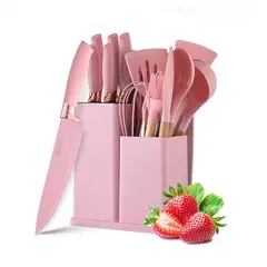 GENERICO - Juego Utensilios Silicona Con Soporte Madera 19 Piezas Cocina Rosa