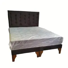 GENERICO - Cama Europea 2 Plazas + Respaldo Negro A Piso + Colchón Resorte
