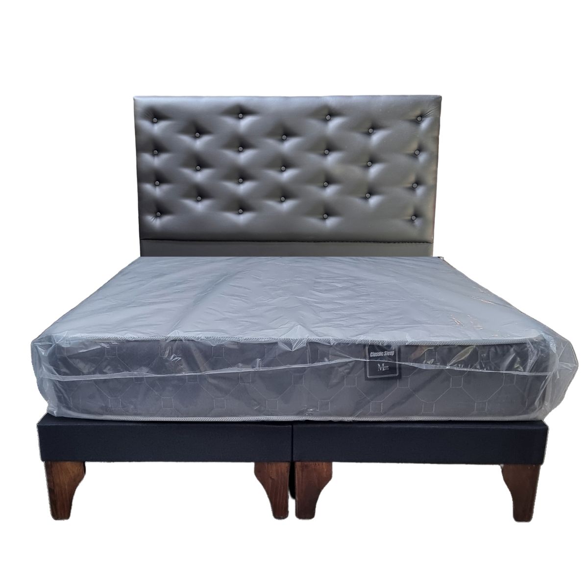 GENERICO - Cama Europea 2 Plazas + Respaldo Negro A Piso + Colchón Resorte