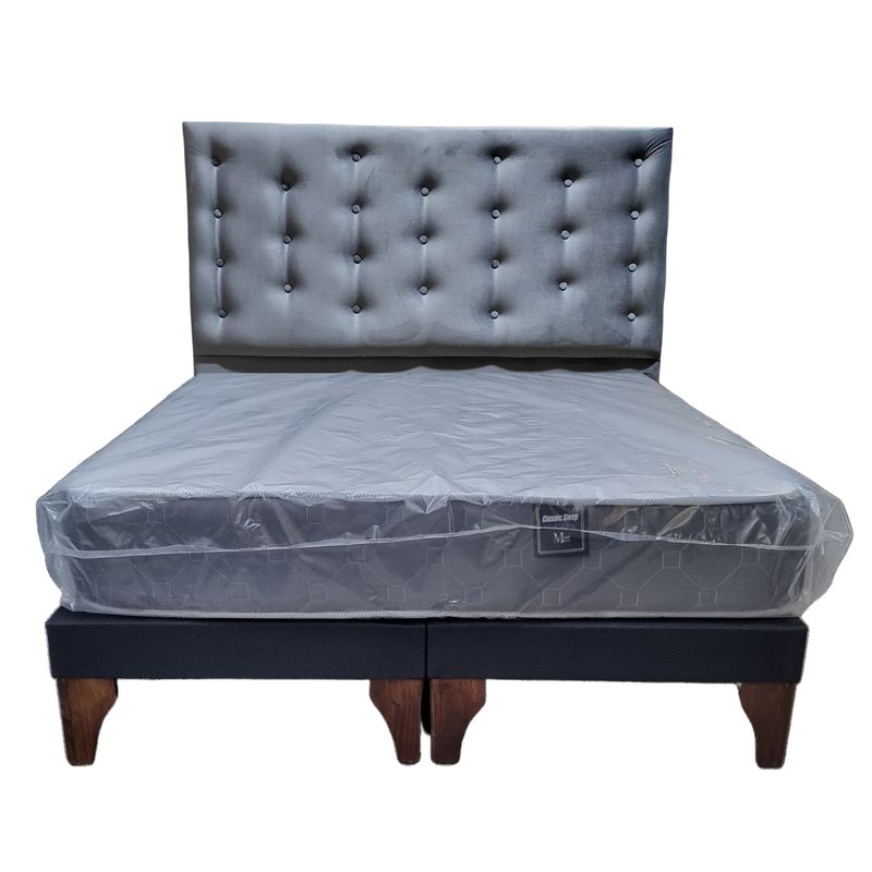 GENERICO - Cama Europea 2 Plazas + Respaldo Gris A Piso + Colchón Resorte