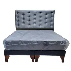 GENERICO - Cama Europea 2 Plazas + Respaldo Gris A Piso + Colchón Resorte