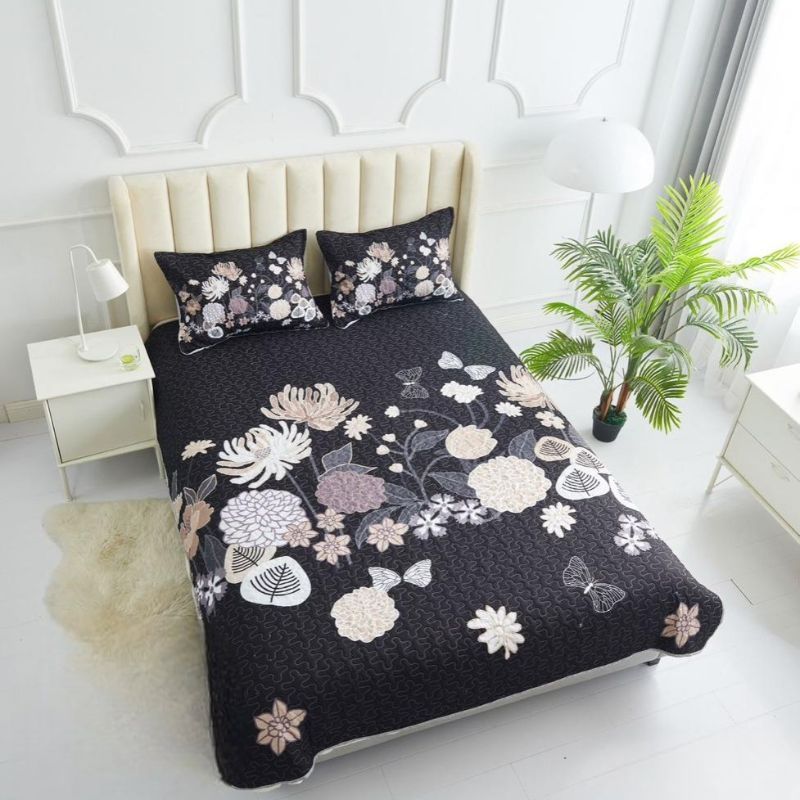 GENERICO - Cubrecama Quilt 2 Plazas De Verano  Diseño Negro Floral