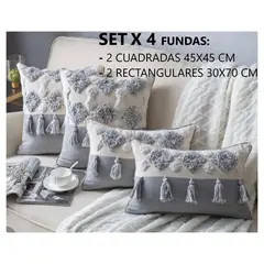 GENERICO - Set X 4 Fundas Cojín Boho Chic Algodón Crudo y Gris 30x50 y 45x45 cm
