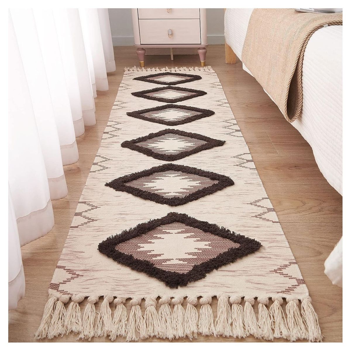 COMPRAPO - Bajada de Cama o Piecera Kelim Estilo Boho Crudo y Tierra 190x60 Cm