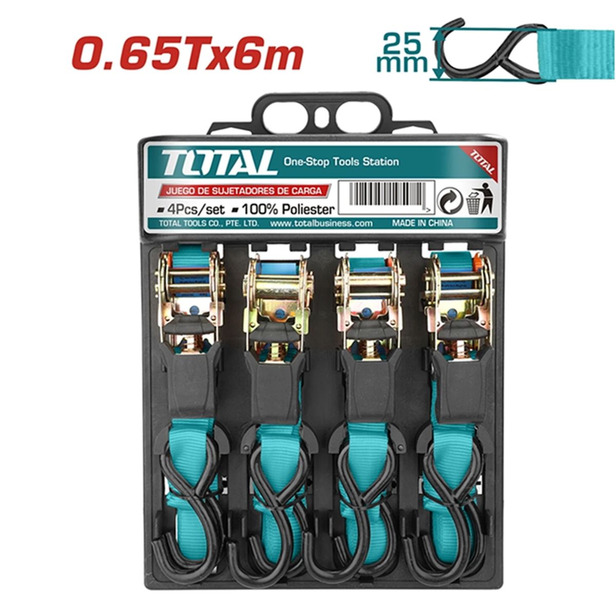 TOTAL TOOLS - Juego 4 Eslinga Cinta Amarre Con Ratchet 6m X 25mm Total