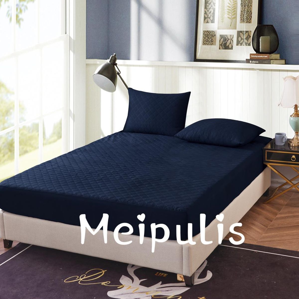 GENERICO - Cubrecolchon Impermeable 2 Plazas Azul Marino