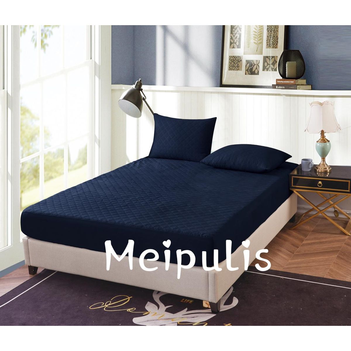 GENERICO - Cubrecolchon Impermeable 2 Plazas Azul Marino