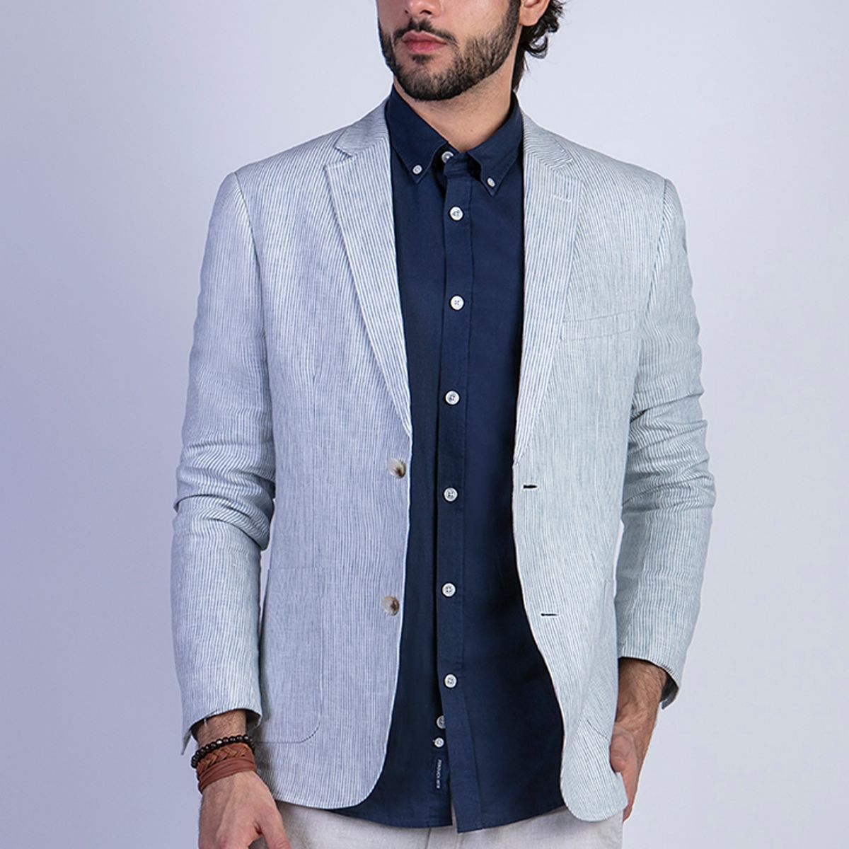 FEROUCH - Blazer Lino Striped Azul Ferouch