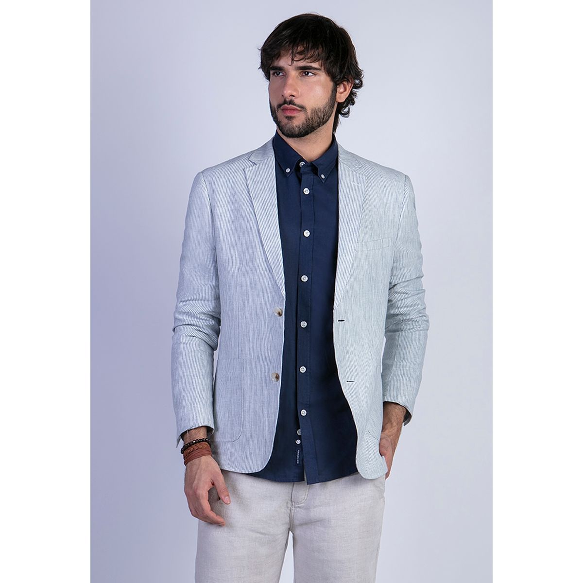 FEROUCH - Blazer Lino Striped Azul Ferouch