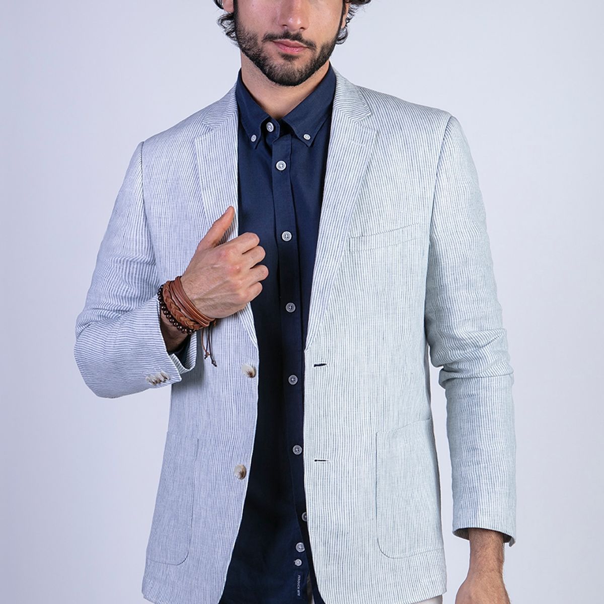 FEROUCH - Blazer Lino Striped Azul Ferouch