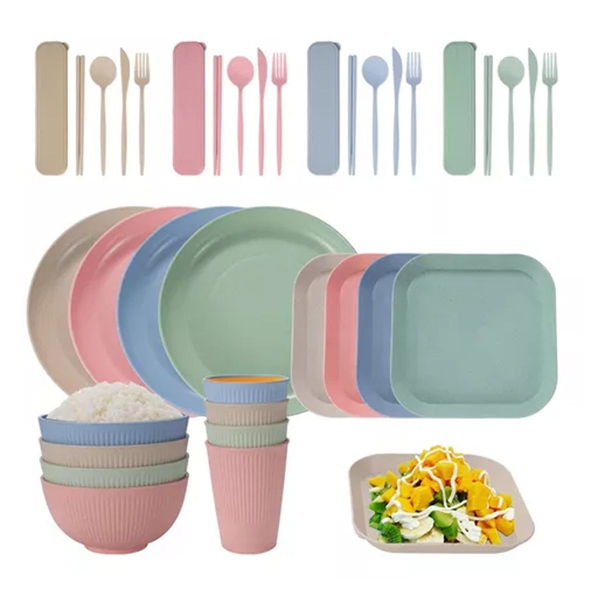 TNAKIEX - Juego De Vajilla Paja Trigo 36 Piezas Reutilizable Cocina