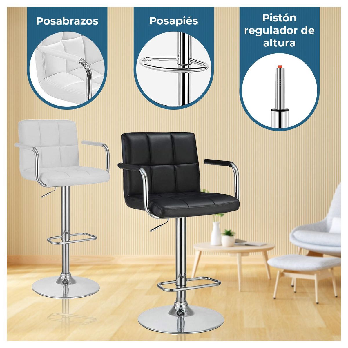 GLOBAL LATIN GROUP - Pack 2 Piso Bar con Respaldo Cuadrado y Posa Brazos - Negro