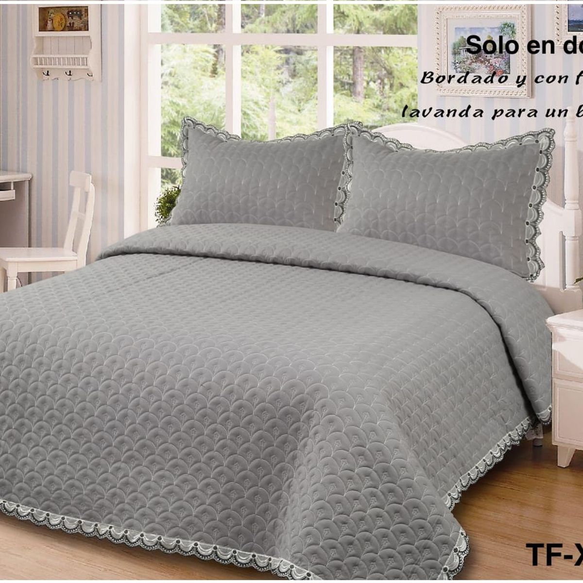 GENERICO - Cobertor Quilts de verano Cubrecamas 2 Plazas Gris Bordado