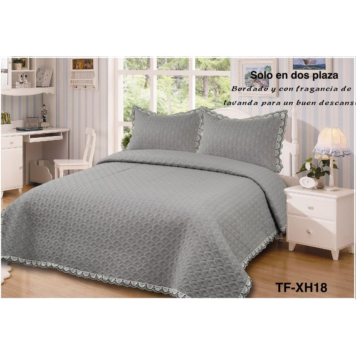 GENERICO - Cobertor Quilts de verano Cubrecamas 2 Plazas Gris Bordado