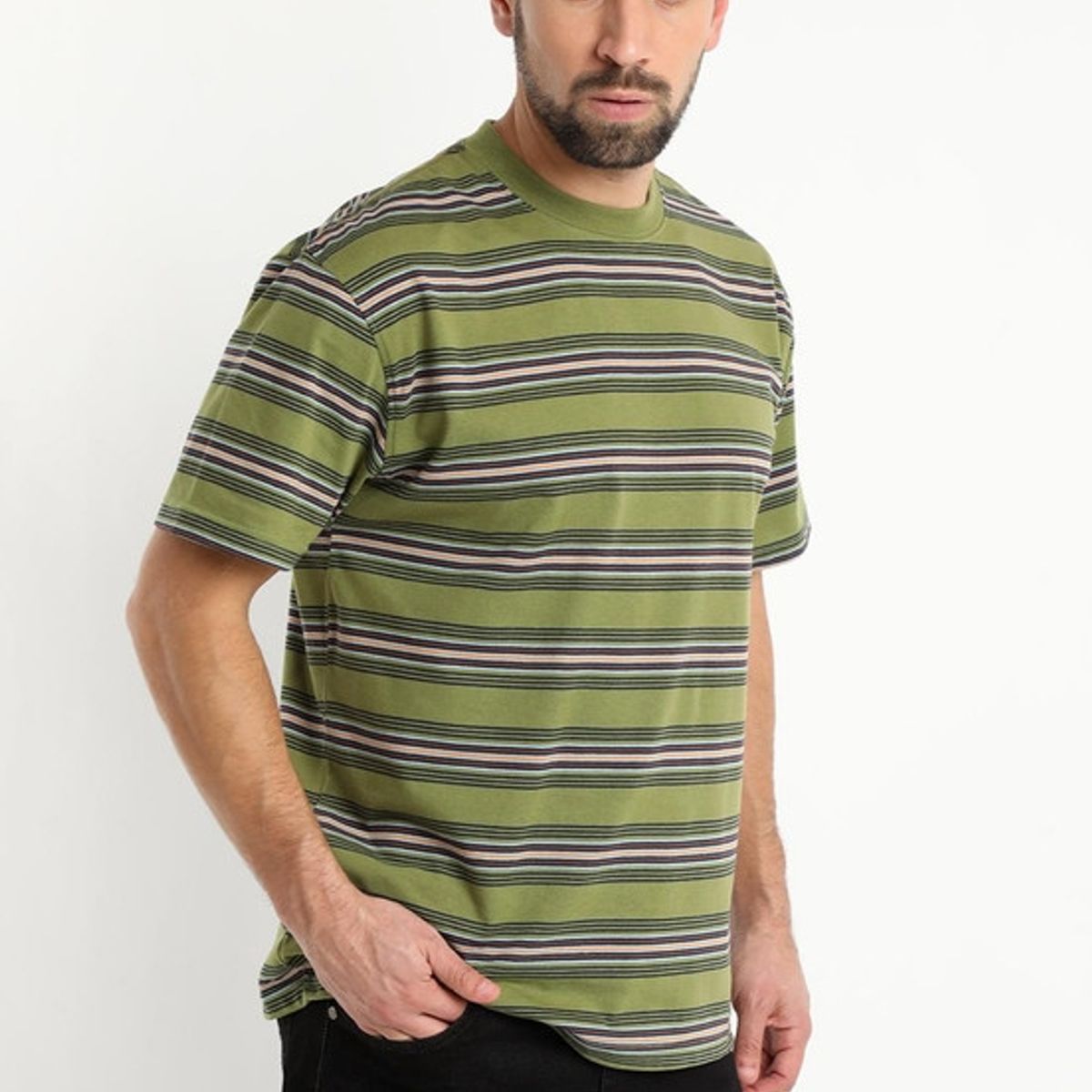 KOTTING - Polera Jersey Listada Cuello Redondo Verde Musgo KOTTING