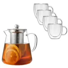 GENERICO - Tetera Infusora Set + 4 Tazas Cafe Te 250 Ml Doble Pared