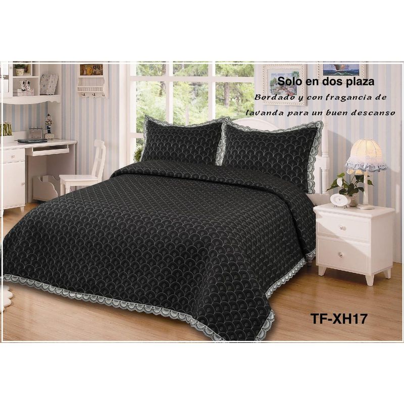 GENERICO - Cobertor Quilts de verano Cubrecamas 2 Plazas Negro Bordado