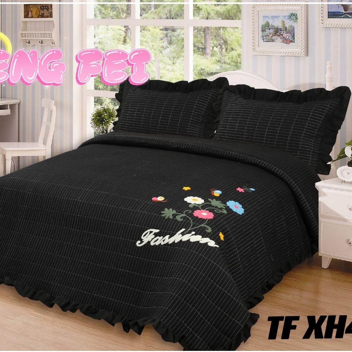 GENERICO - Cobertor Quilts de verano Cubrecamas 2 Plazas Negro Flor