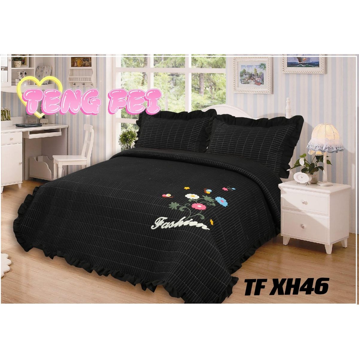 GENERICO - Cobertor Quilts de verano Cubrecamas 2 Plazas Negro Flor
