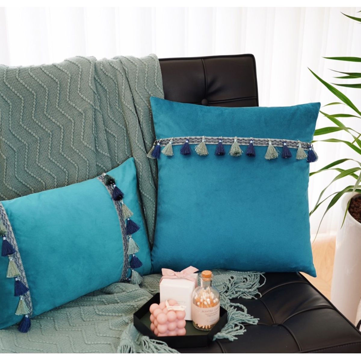 COMPRAPO - Set 2 Fundas Cojín Boho Chic Aterciopelada Borlas Calipso 45x45 y 30x50