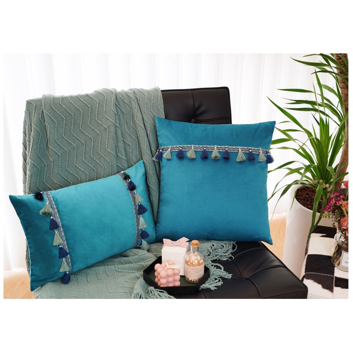 COMPRAPO - Set 2 Fundas Cojín Boho Chic Aterciopelada Borlas Calipso 45x45 y 30x50