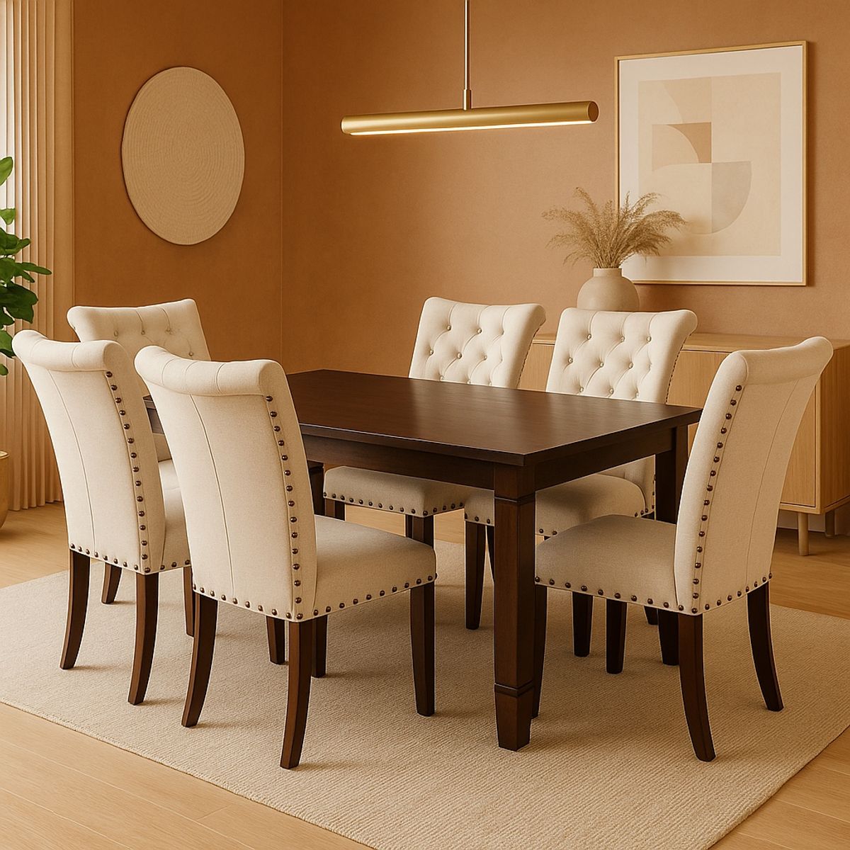 SWEET HOGAR - Comedor de madera con 6 sillas tapiz Capitoné Modelo Grecia Beige