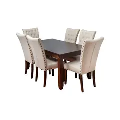 SWEET HOGAR - Comedor de madera con 6 sillas tapiz Capitoné Modelo Grecia Beige