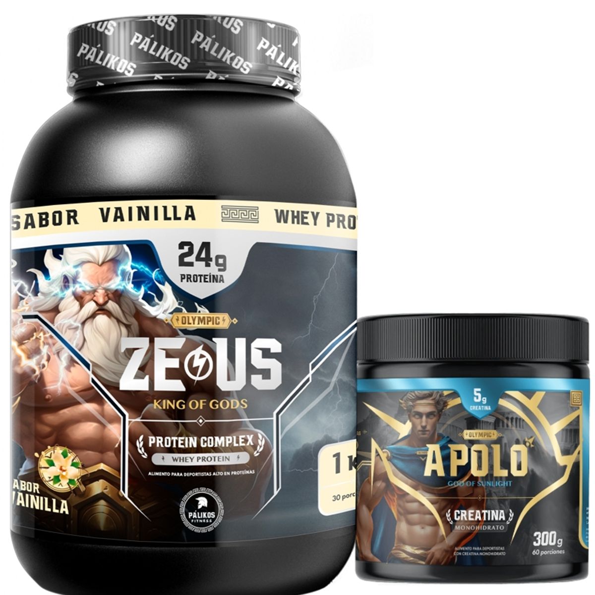 PALIKOS FITNESS - PACK WARRIORCreatina Apolo 300gProteina Zeus COMPLEX 1kg Vainilla.