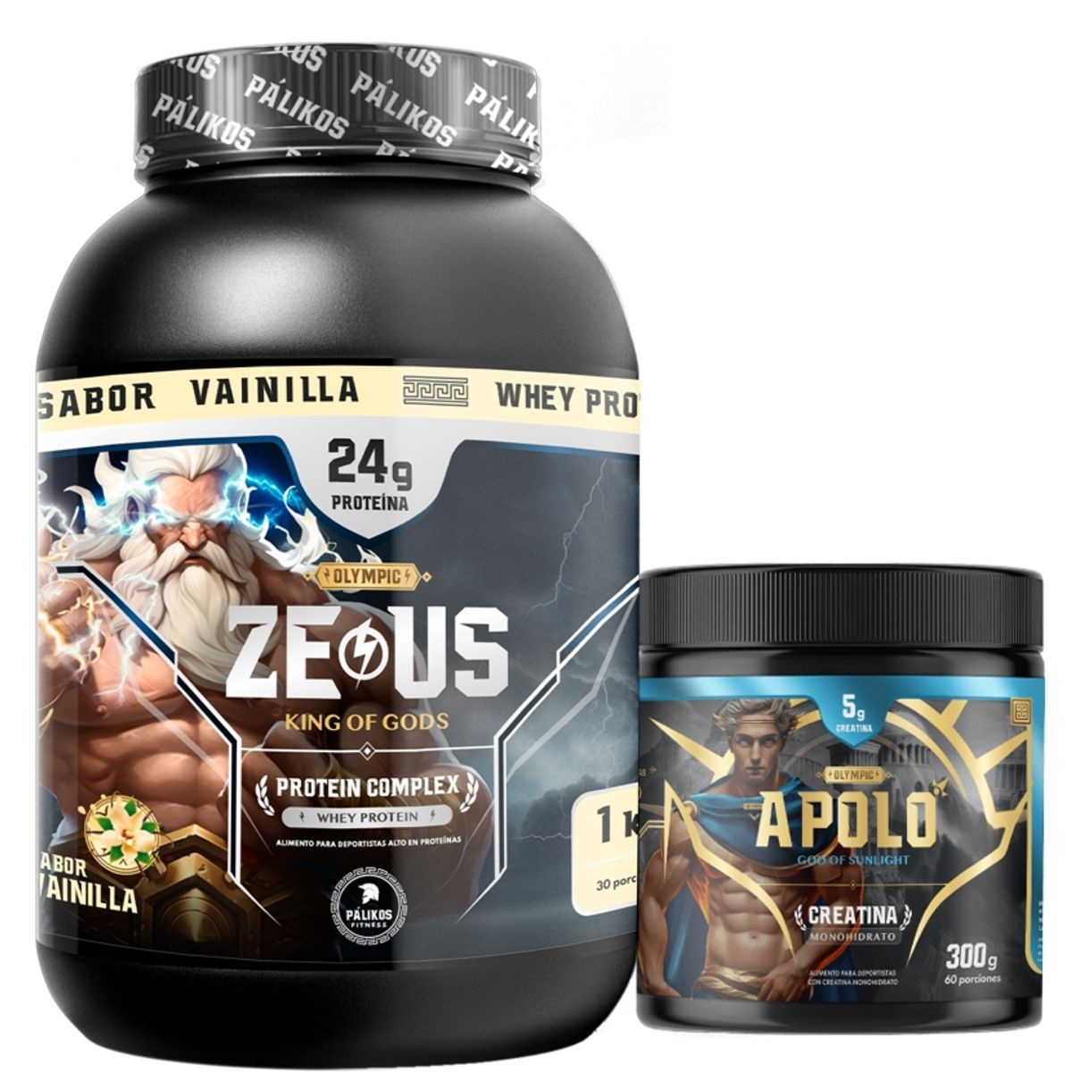 PALIKOS FITNESS - PACK WARRIORCreatina Apolo 300gProteina Zeus COMPLEX 1kg Vainilla.