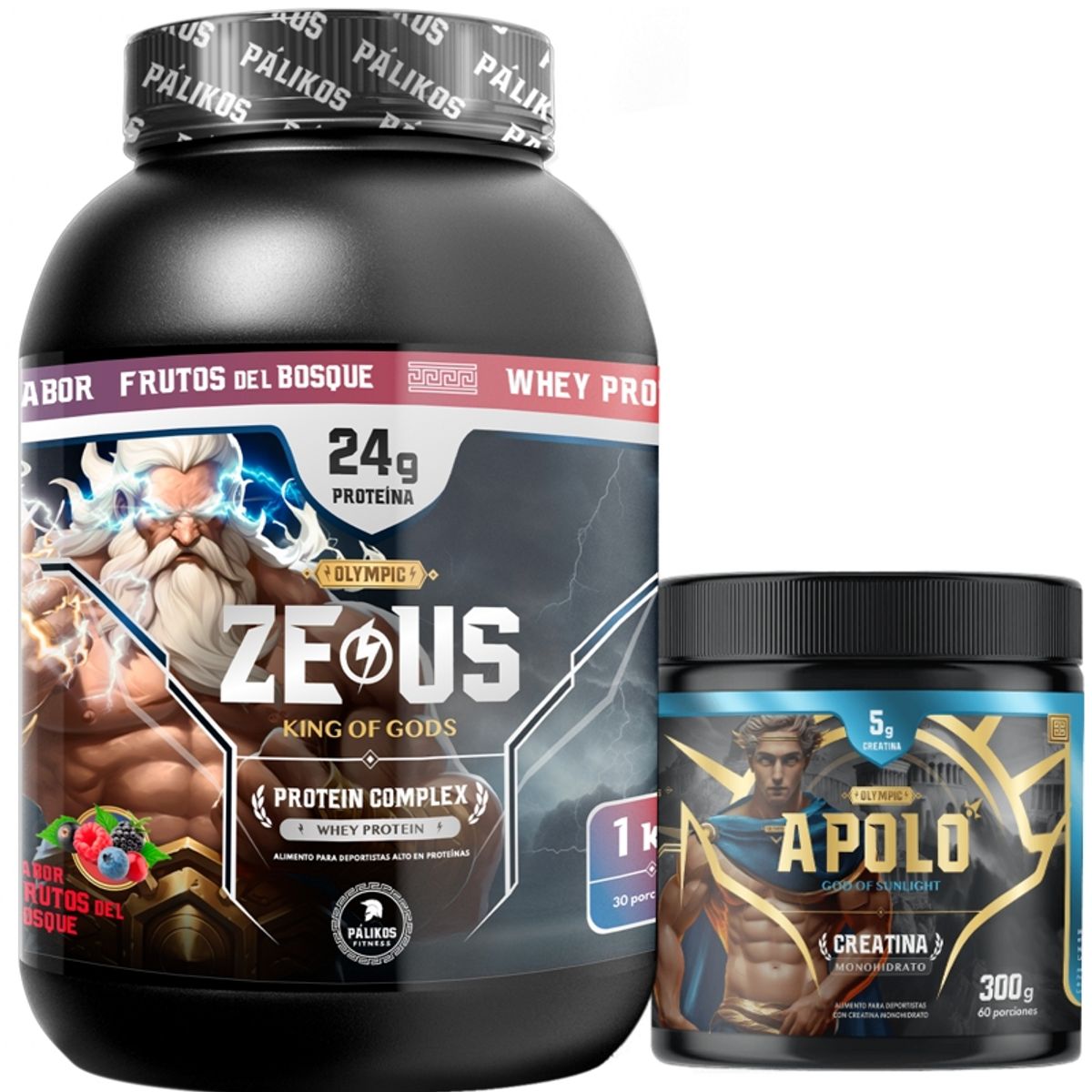 PALIKOS FITNESS - PACK WARRIORCreatina Apolo 300gProteina Zeus COMPLEX 1kg Frutos.