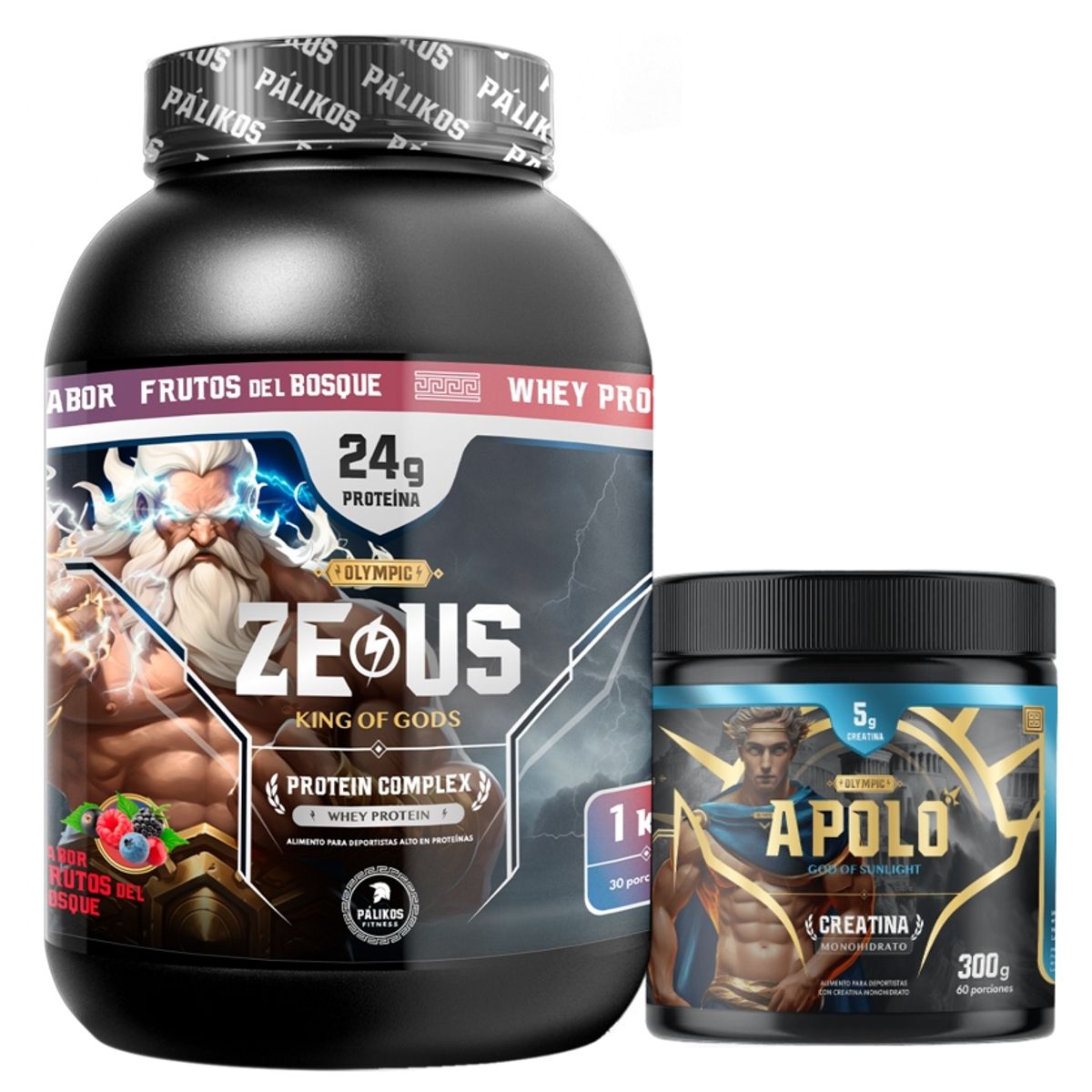 PALIKOS FITNESS - PACK WARRIORCreatina Apolo 300gProteina Zeus COMPLEX 1kg Frutos.