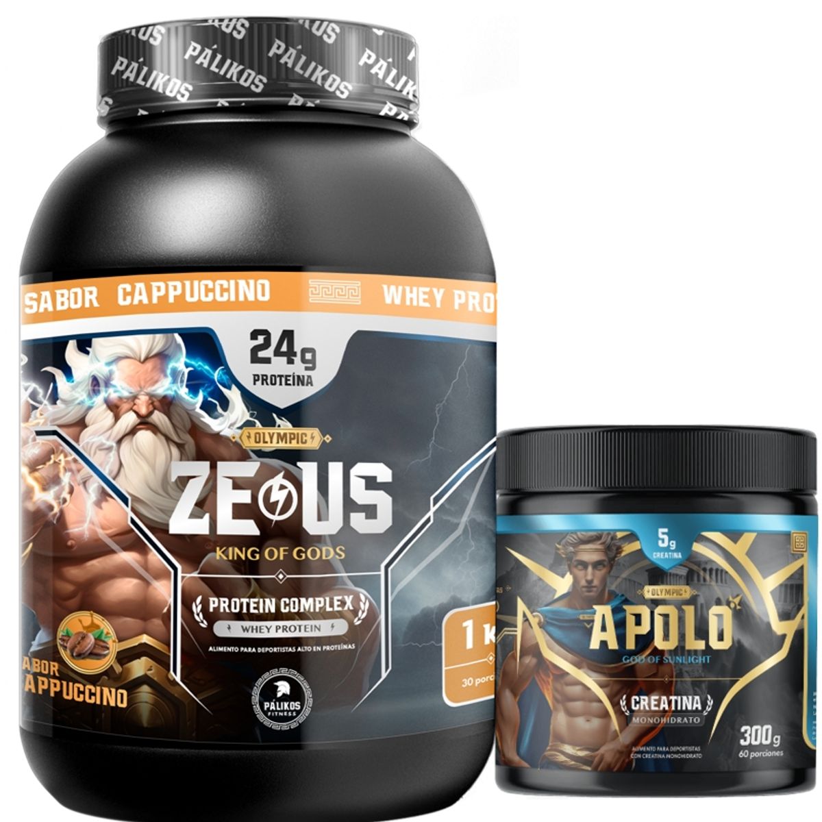 PALIKOS FITNESS - Creatina Apolo 300g Proteina Zeus COMPLEX 1kg Cappuccino.