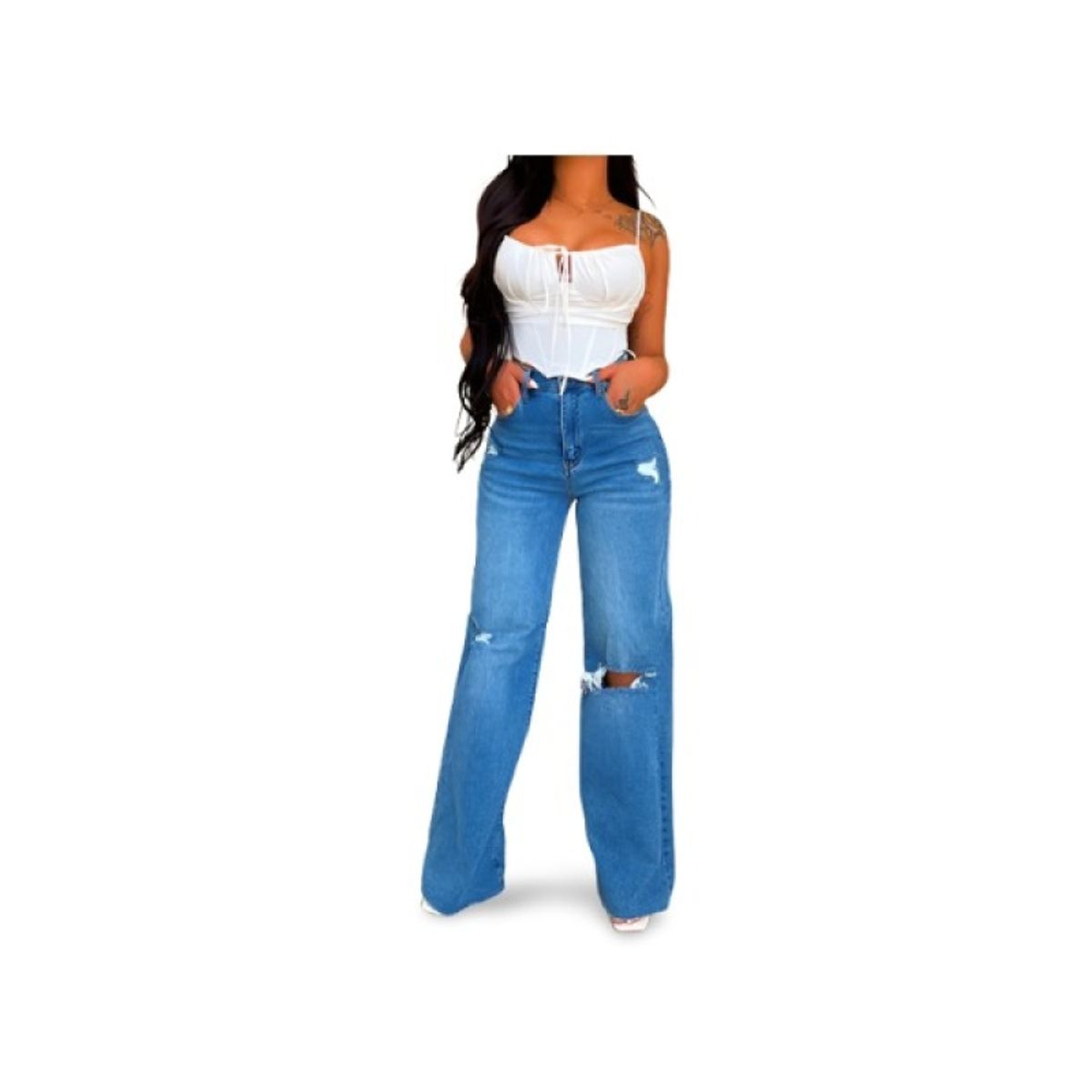 GENERICO - Jeans de Pierna Ancha Rasgados y Desgastados para Mujer - Azul