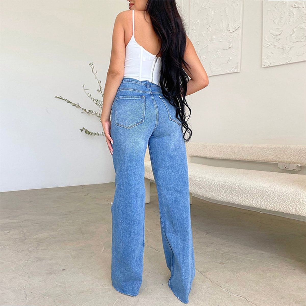 GENERICO - Jeans de Pierna Ancha Rasgados y Desgastados para Mujer - Azul