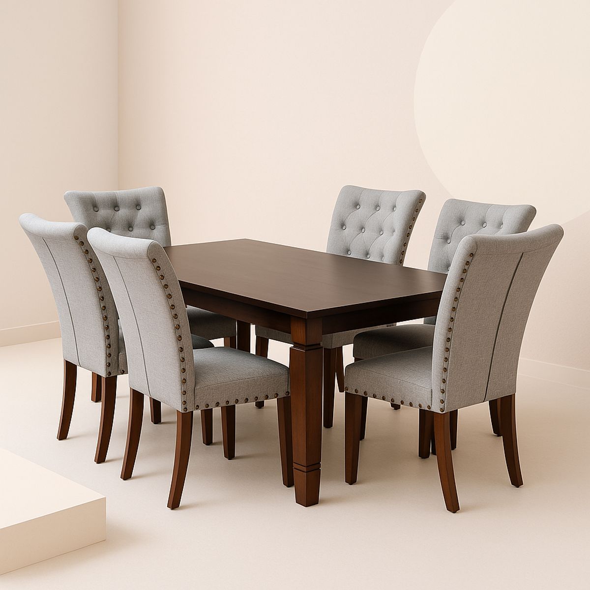 SWEET HOGAR - Comedor 6 Sillas Capitoné – Madera Roble y Lino Silver grafito