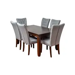 SWEET HOGAR - Comedor 6 Sillas Capitoné – Madera Roble y Lino Silver grafito
