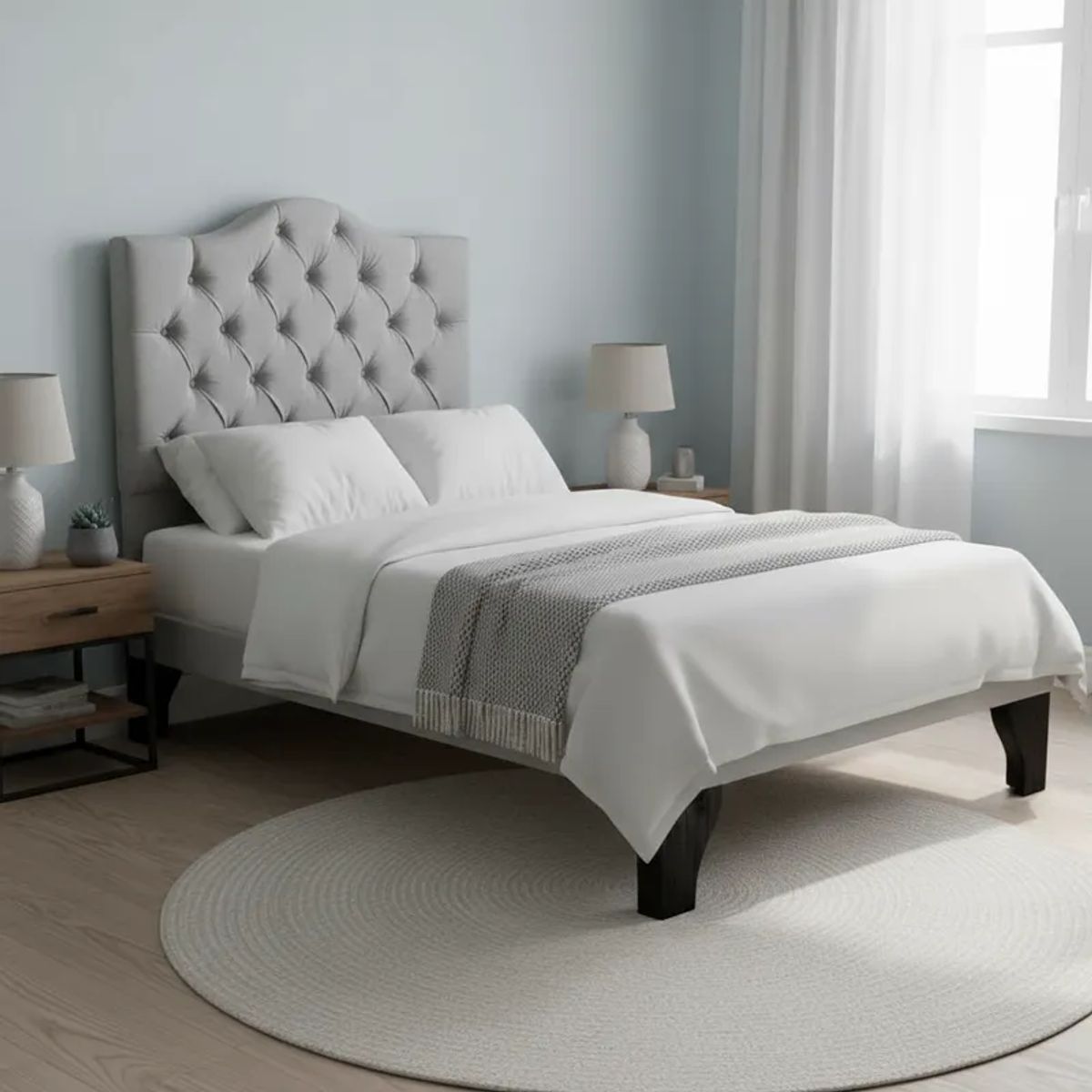 FLOBAL - Cama 1,5 Plazas Ovalado, Incluye Base + Respaldo Perla Flobal