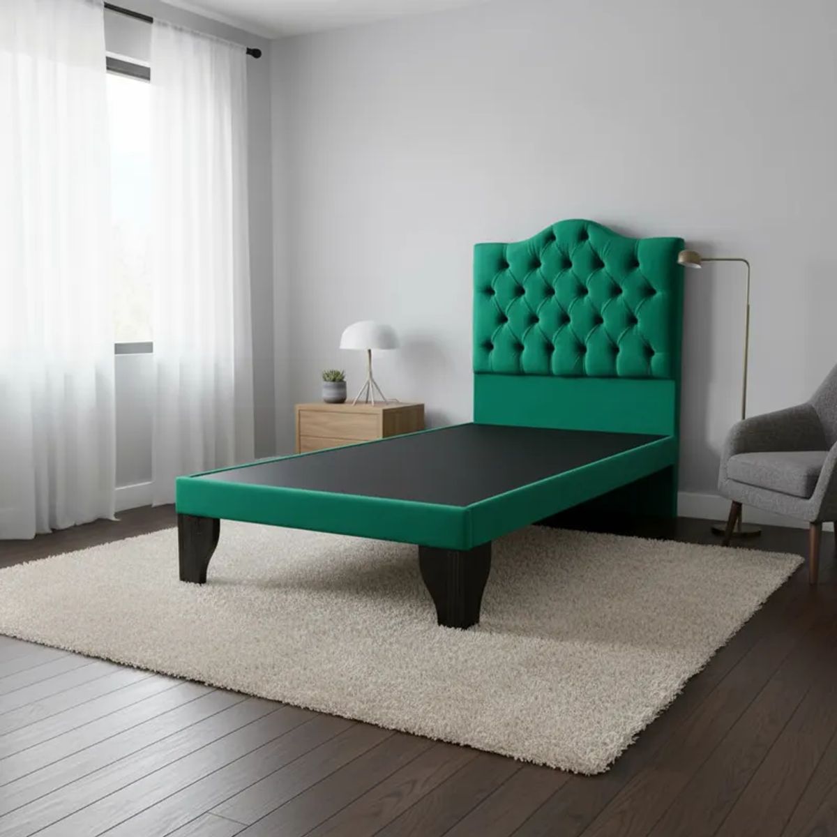 FLOBAL - Cama 1,5 Plazas Ovalado, Incluye Base y Respaldo Verde Esmerald Flobal