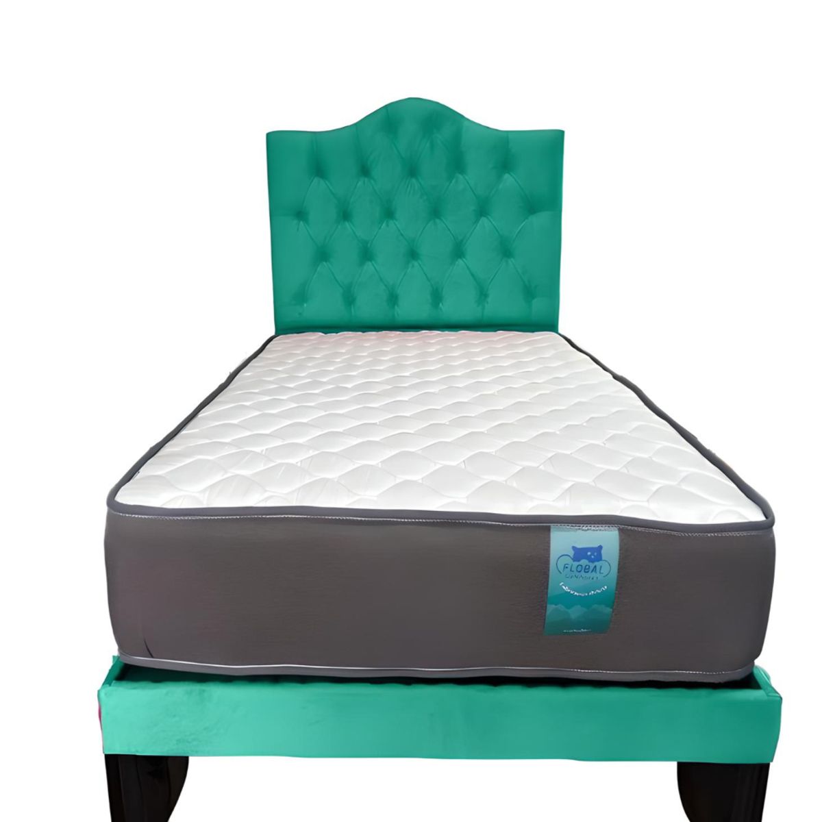 FLOBAL - Cama 1,5 Plaza Turquesa  Base Respaldo + Colchón de resortes