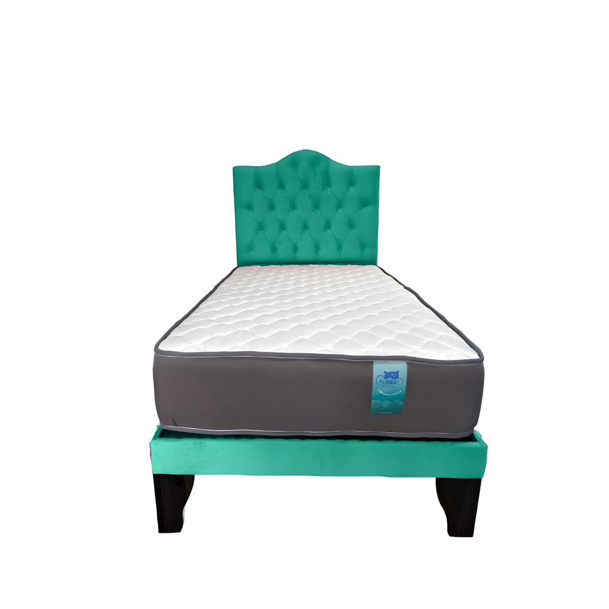 FLOBAL - Cama 1,5 Plaza Turquesa  Base Respaldo + Colchón de resortes