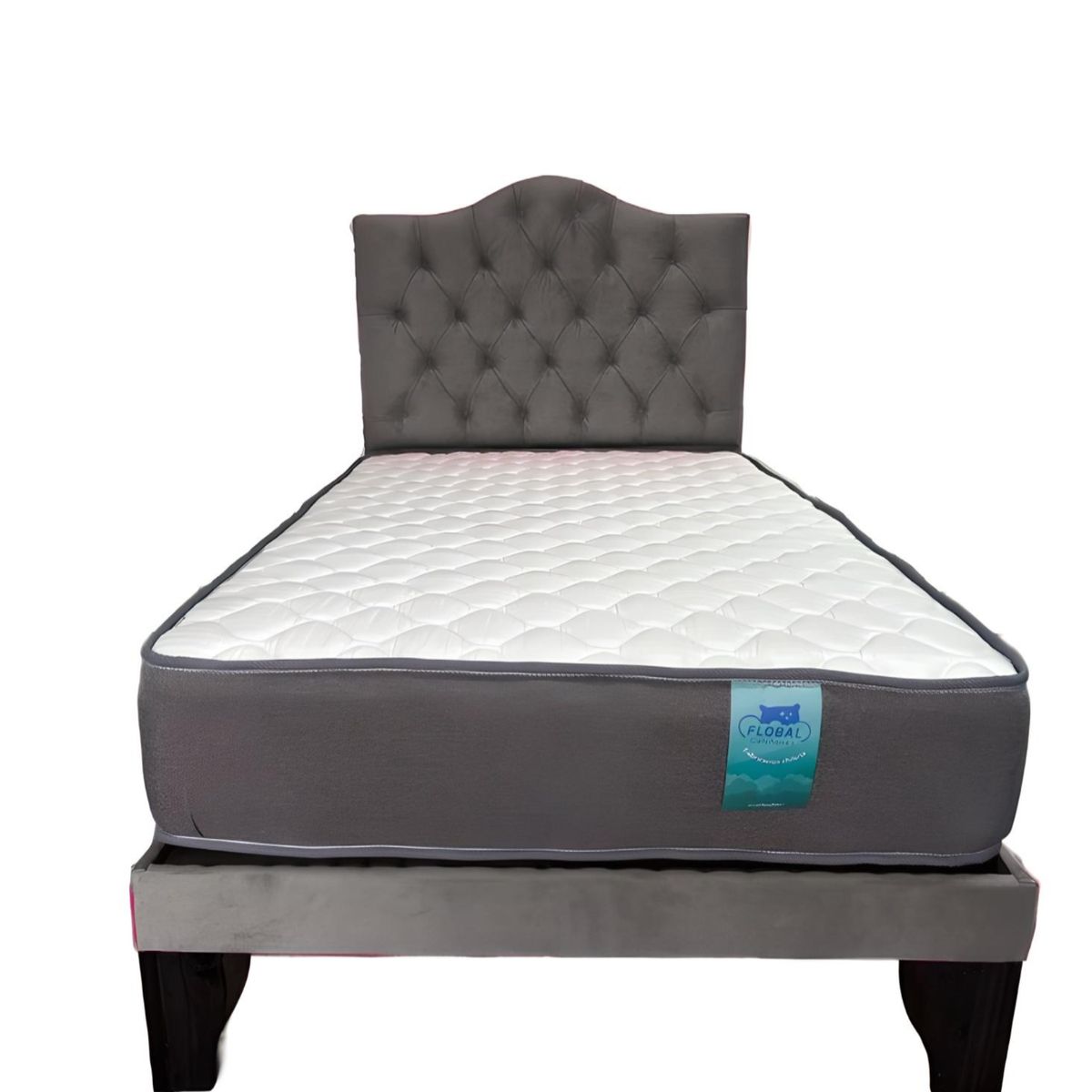 FLOBAL - CAMA 1,5 PLAZAS OVALADO 105X190CM + RESPALDO GRIS + COLCHON FLOBAL