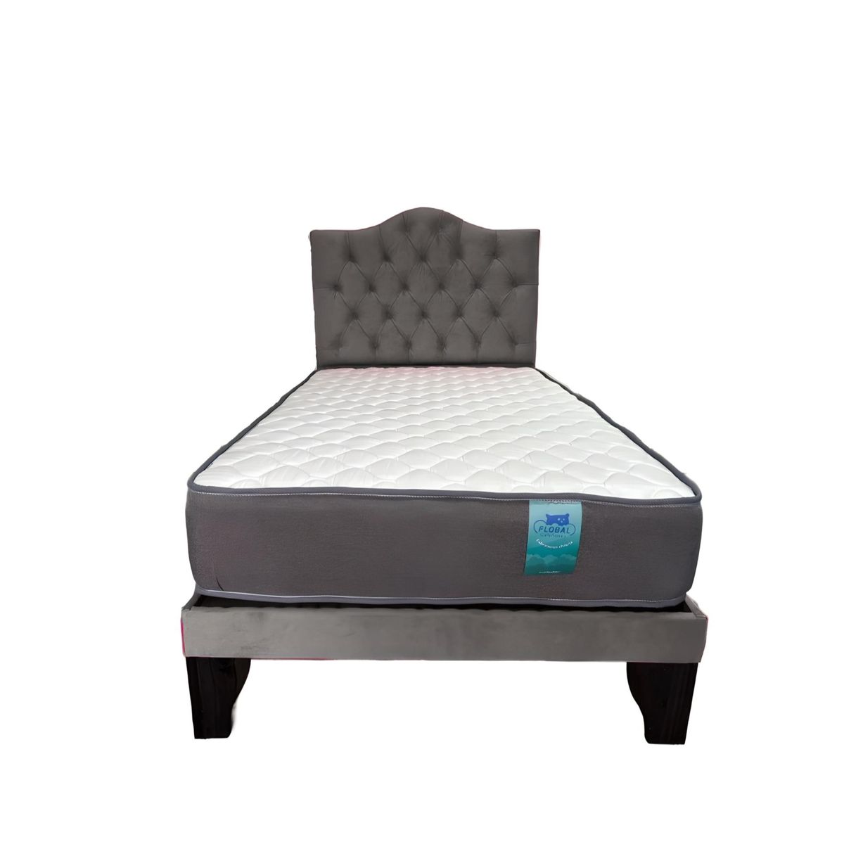FLOBAL - CAMA 1,5 PLAZAS OVALADO 105X190CM + RESPALDO GRIS + COLCHON FLOBAL