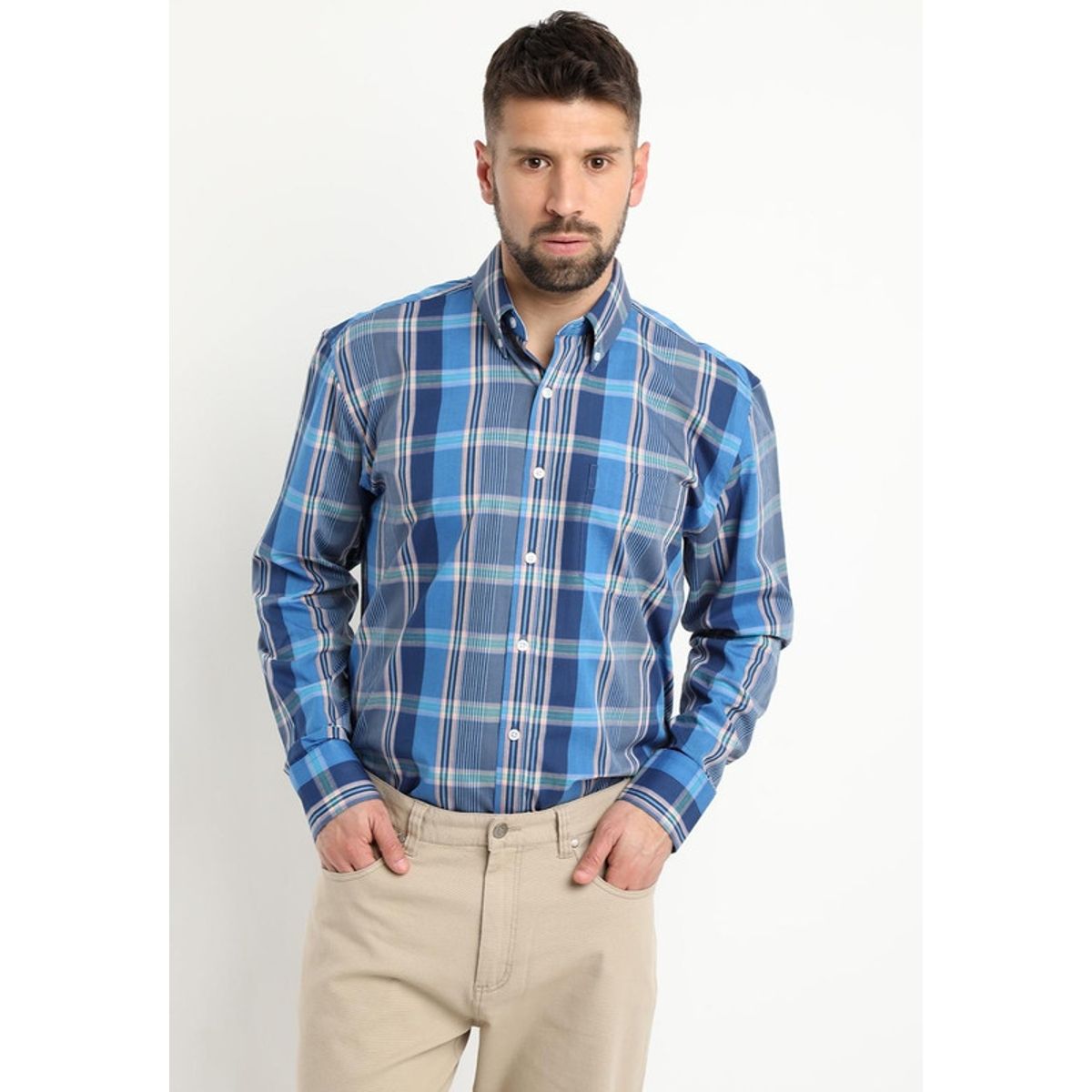 KOTTING - Camisa Fantasia Premium Manga Larga Boton Cuello Azul KOTTING