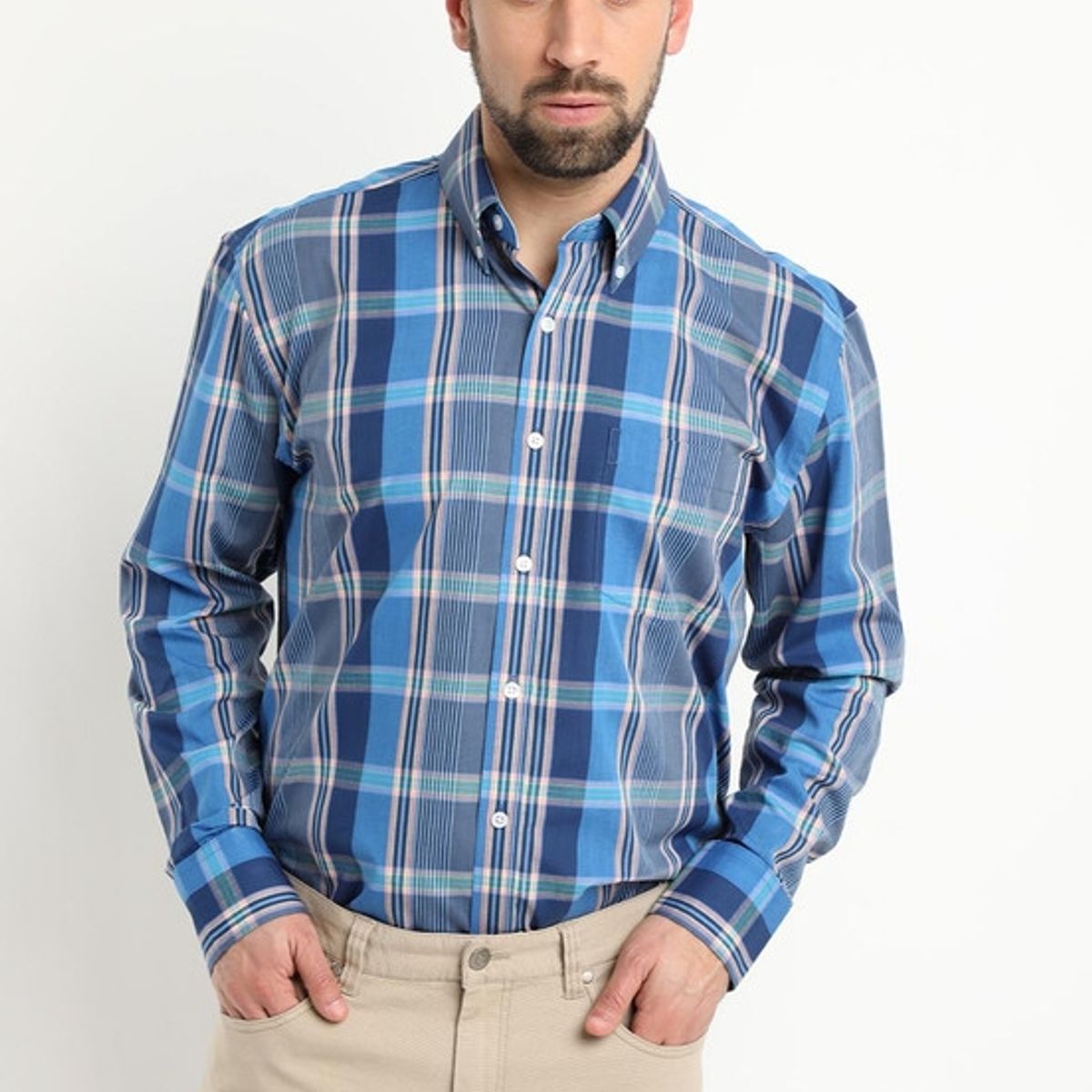 KOTTING - Camisa Fantasia Premium Manga Larga Boton Cuello Azul KOTTING