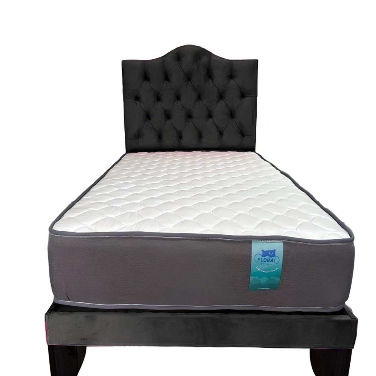 FLOBAL - CAMA 1,5 PLAZAS OVALADO 105X190CM + RESPALDO NEGRO + COLCHON FLOBAL