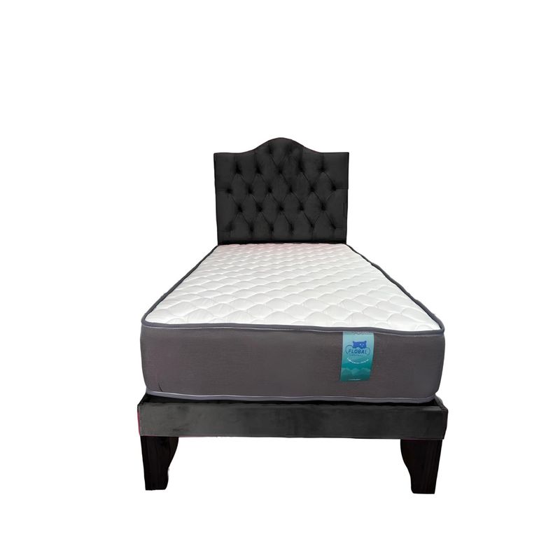 FLOBAL - CAMA 1,5 PLAZAS OVALADO 105X190CM + RESPALDO NEGRO + COLCHON FLOBAL